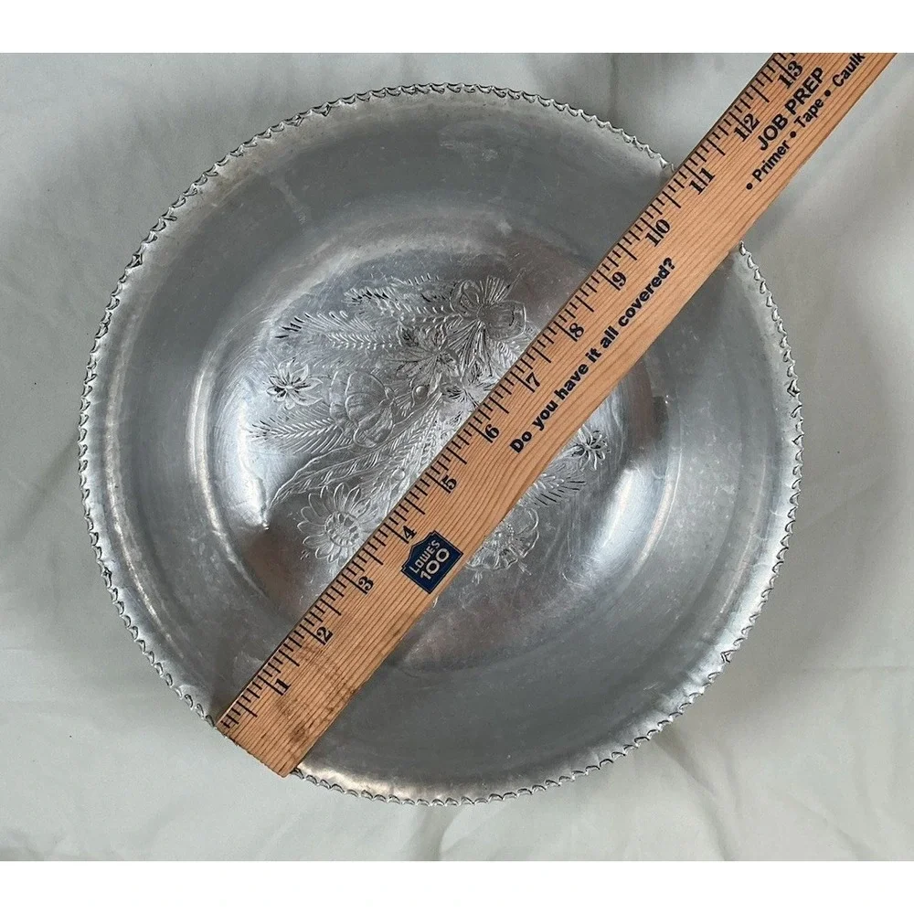 Hammered Aluminum Pedestal Serving Bowl Embossed Floral Scalloped Rim VTG